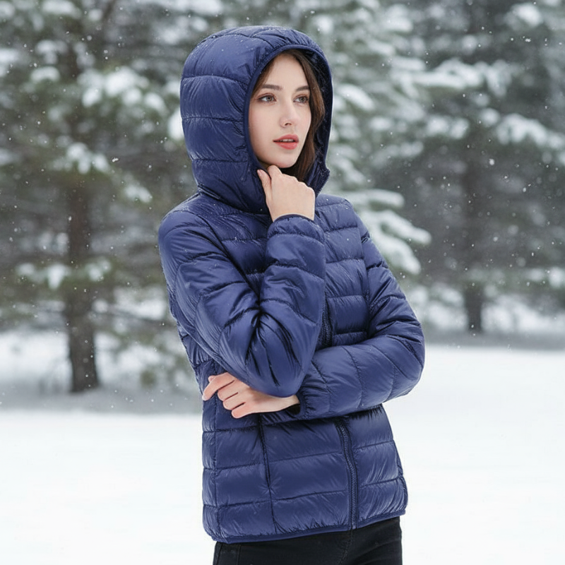 Nora Kurtka Damska – Ultralekka, Wodoodporna Kurtka z Odpinanym Kapturem i Eleganckimi Zakładkami