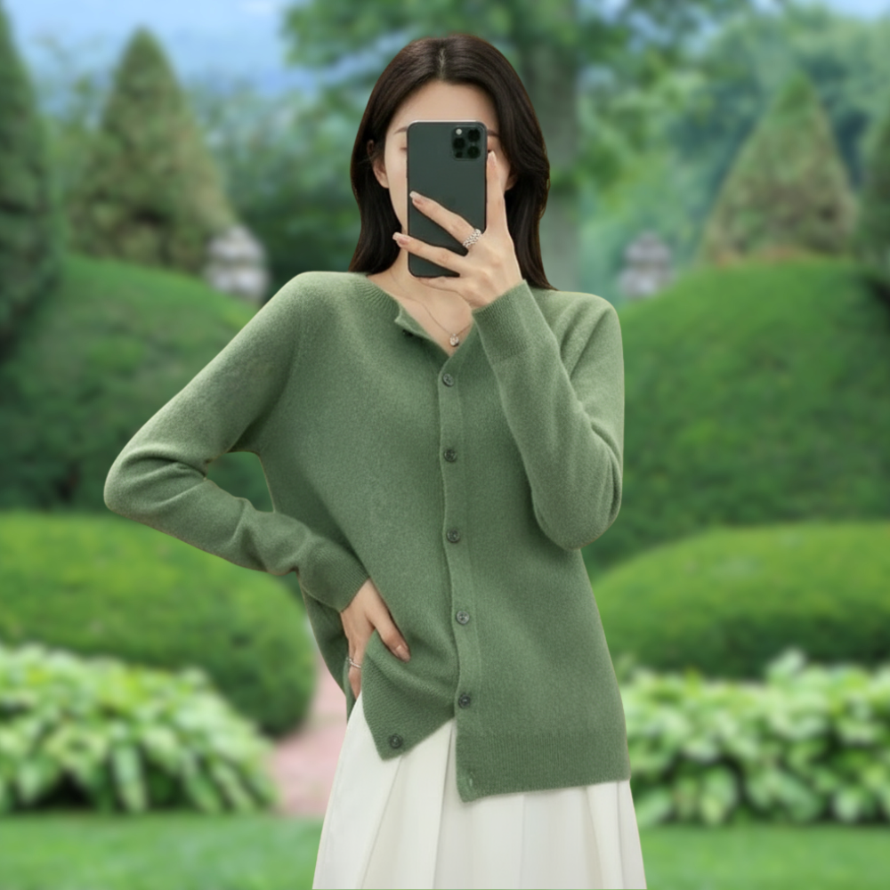 Mercy Kardigan Damski – Elegancki Kardigan z Miękkiej Wełny Merynosa i Kaszmiru z Okrągłym Dekoltem