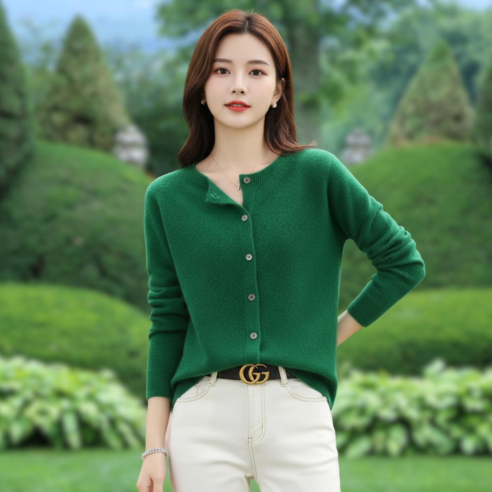 Mercy Kardigan Damski – Elegancki Kardigan z Miękkiej Wełny Merynosa i Kaszmiru z Okrągłym Dekoltem