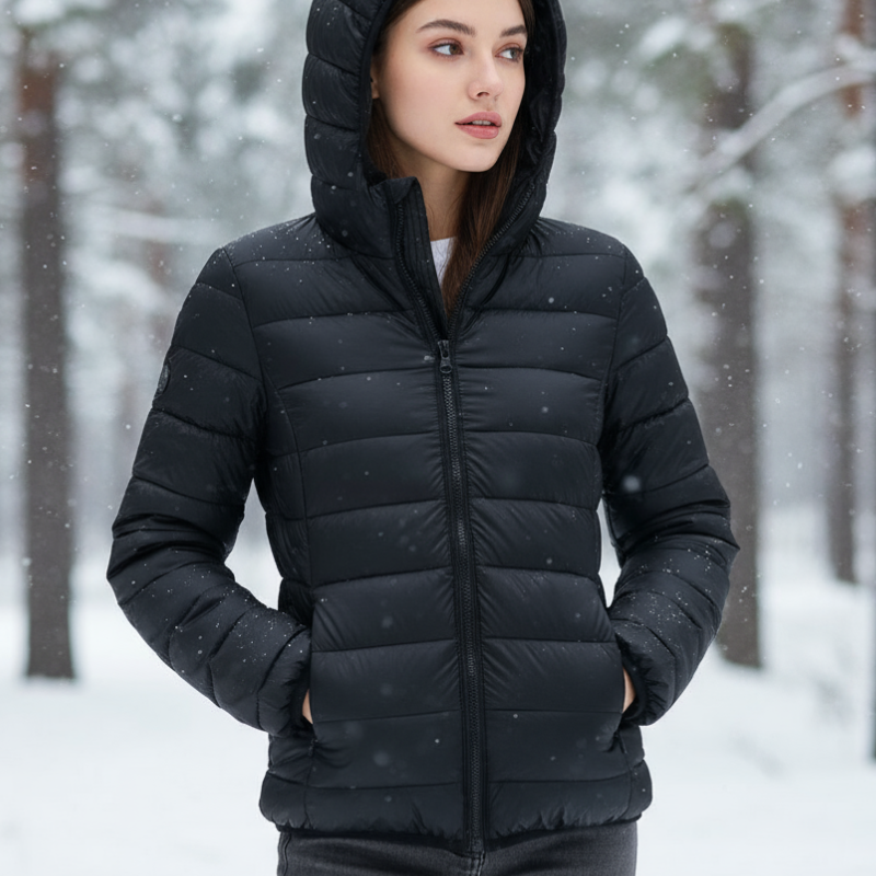 Nora Kurtka Damska – Ultralekka, Wodoodporna Kurtka z Odpinanym Kapturem i Eleganckimi Zakładkami