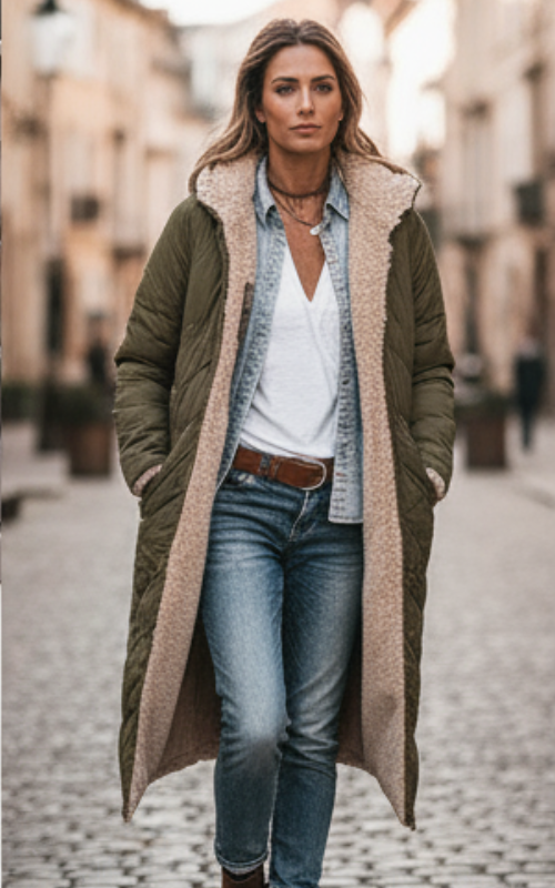 Theodora Płaszcz Damski – Elegancki i Ciepły Dwustronny Płaszcz o Uniwersalnym Stylu