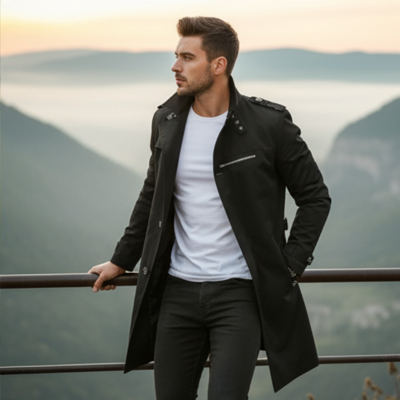 Rey Płaszcz Męski – Elegancki, Wodoodporny Trencz z Klasycznym Dwurzędowym Zapięciem