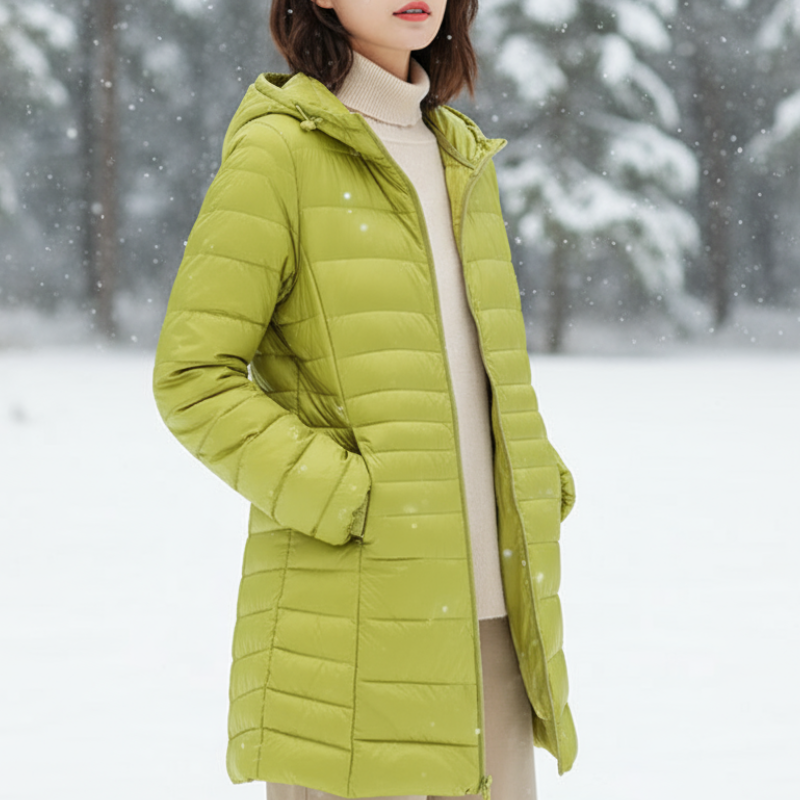 Nora Kurtka Damska – Ultralekka, Wodoodporna Kurtka z Odpinanym Kapturem i Eleganckimi Zakładkami