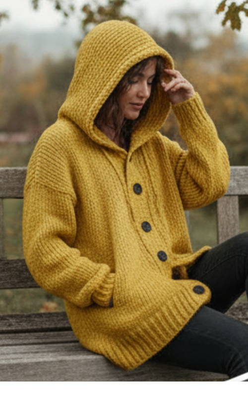 Lylia Długi Kardigan Damski – Miękka Dzianina z Kapturem & Elegancki Wygodny Styl