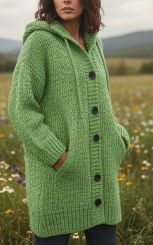 Lylia Długi Kardigan Damski – Miękka Dzianina z Kapturem & Elegancki Wygodny Styl