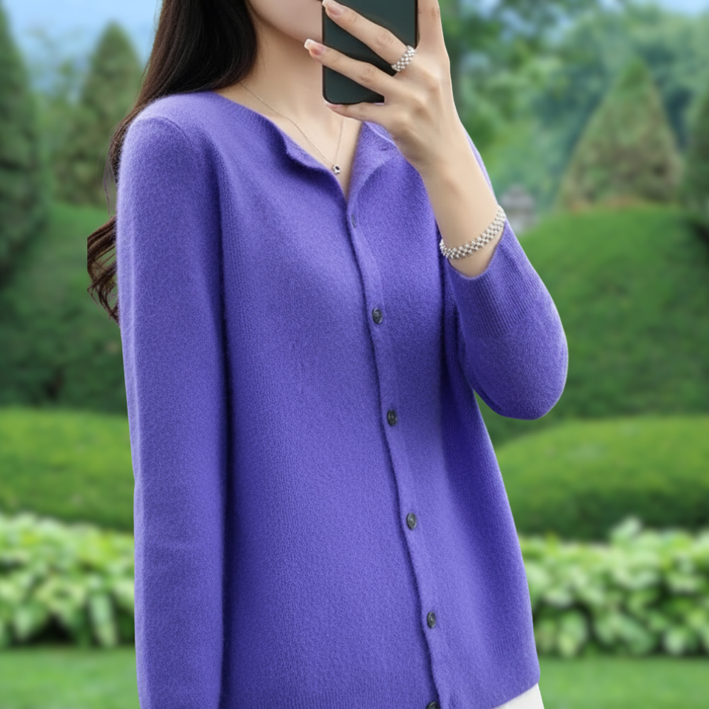 Mercy Kardigan Damski – Elegancki Kardigan z Miękkiej Wełny Merynosa i Kaszmiru z Okrągłym Dekoltem
