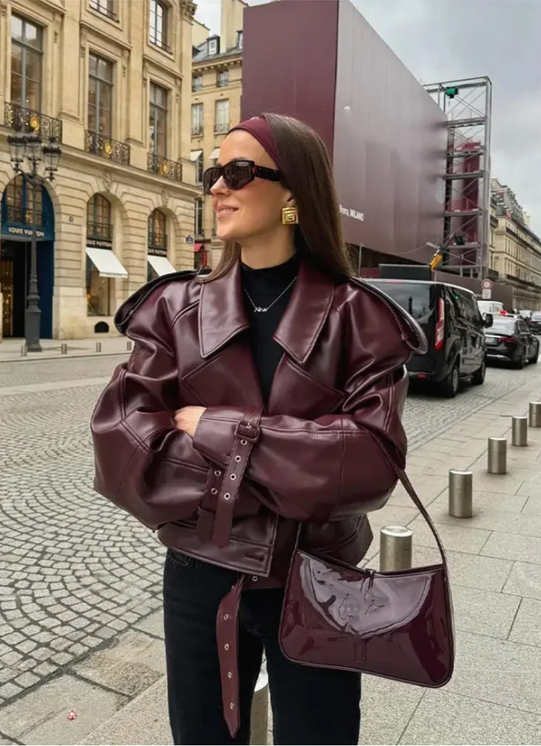 Audace Parisienne Kurtka Oversize ze Skóropodobnym Efektem – Pasek, Nowoczesny i Elegancki Styl dla Kobiet