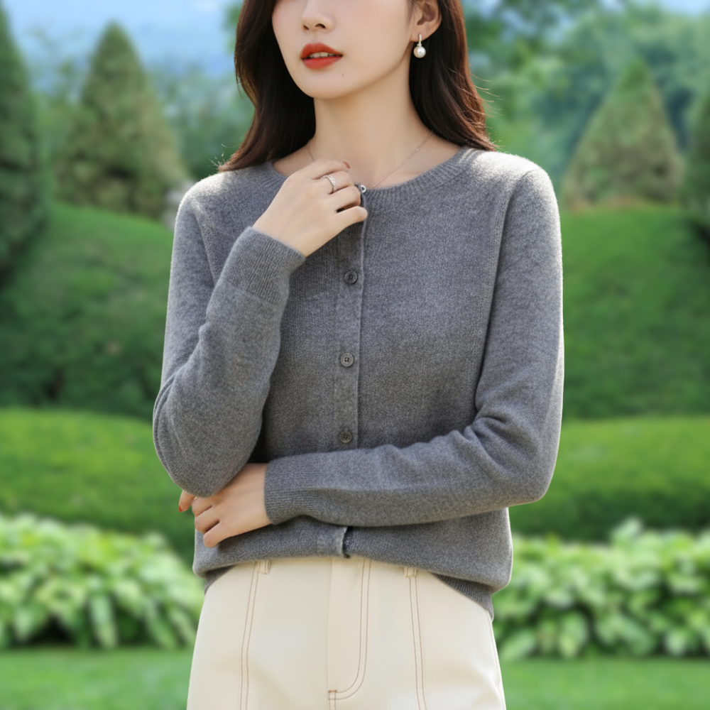 Mercy Kardigan Damski – Elegancki Kardigan z Miękkiej Wełny Merynosa i Kaszmiru z Okrągłym Dekoltem
