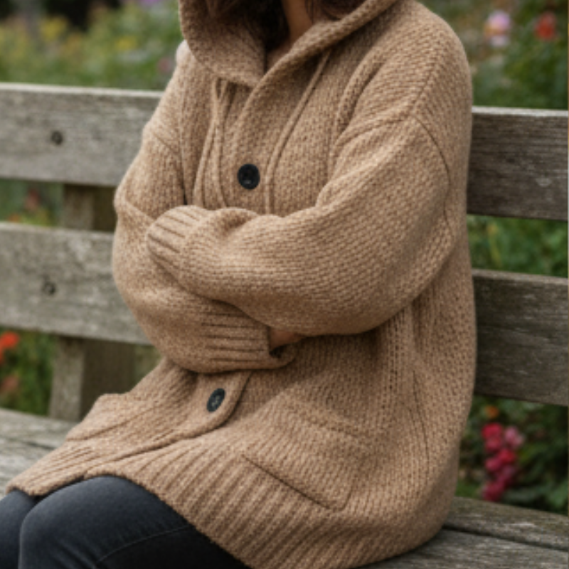 Lylia Długi Kardigan Damski – Miękka Dzianina z Kapturem & Elegancki Wygodny Styl