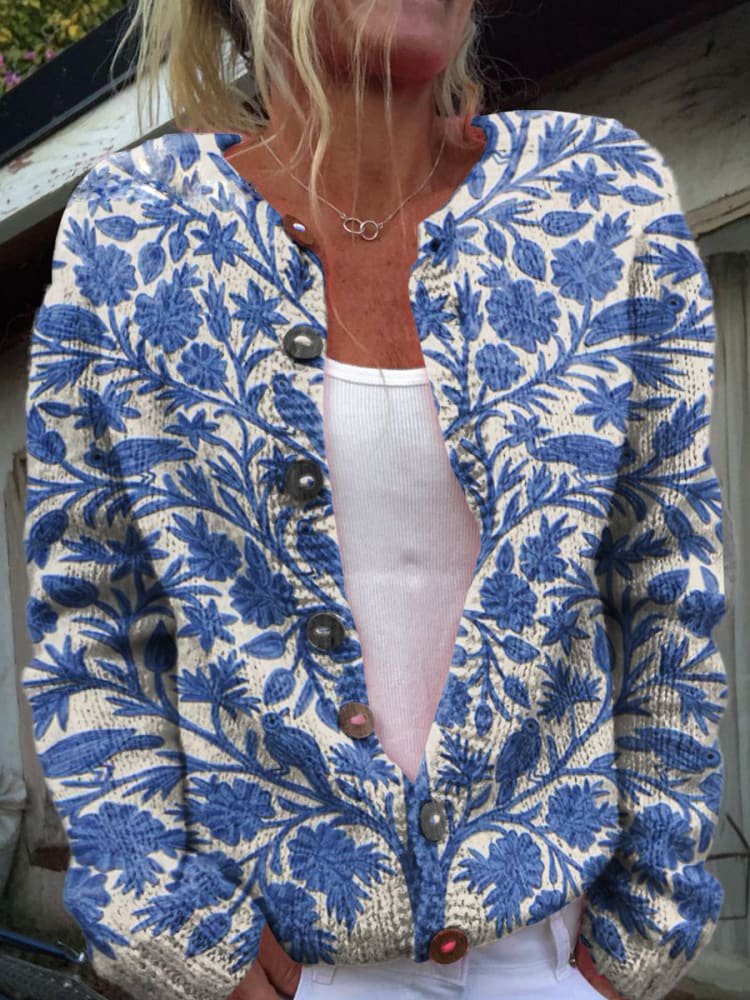 Braelynn Kardigan Damski – Elegancki Kardigan we Wzór Kwiatowy z Wygodnym Okrągłym Dekoltem