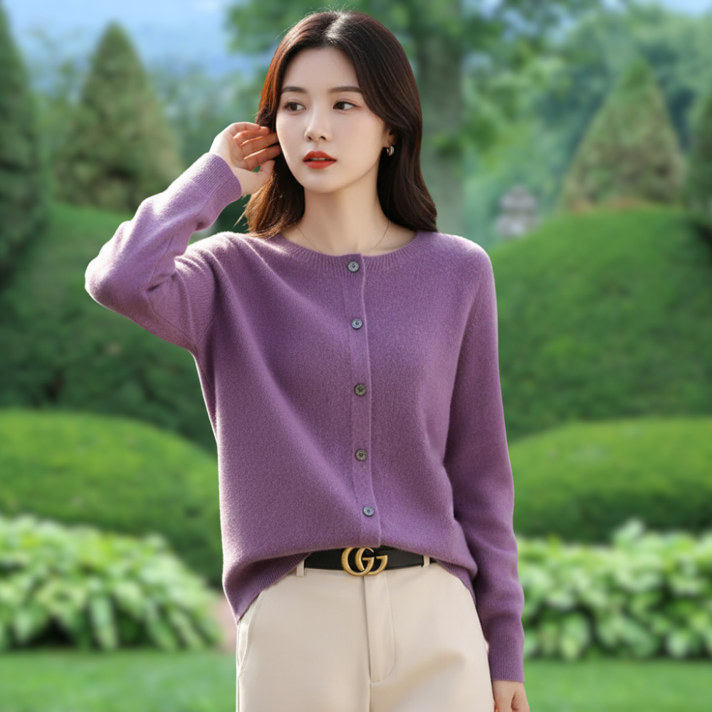 Mercy Kardigan Damski – Elegancki Kardigan z Miękkiej Wełny Merynosa i Kaszmiru z Okrągłym Dekoltem