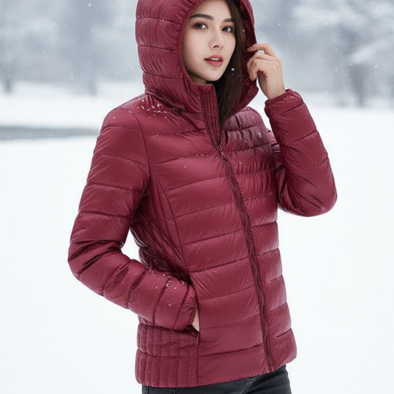 Nora Kurtka Damska – Ultralekka, Wodoodporna Kurtka z Odpinanym Kapturem i Eleganckimi Zakładkami