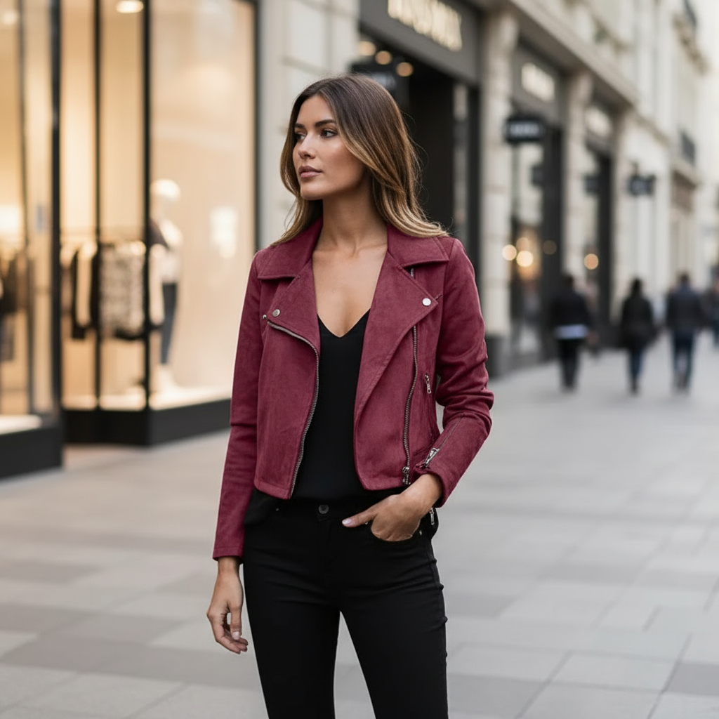 Leilany Damska Kurtka z Zamszu – Styl Biker, Elegancja i Wygoda dla Modnego Wyglądu