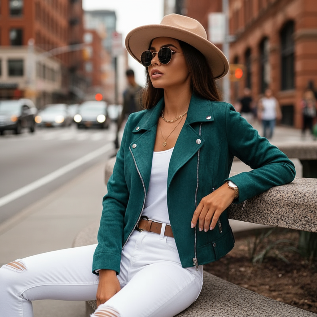 Marigold Damska Kurtka Biker z Zamszu – Kamelowa, Taliowana i Elegancka dla Modnego Wyglądu