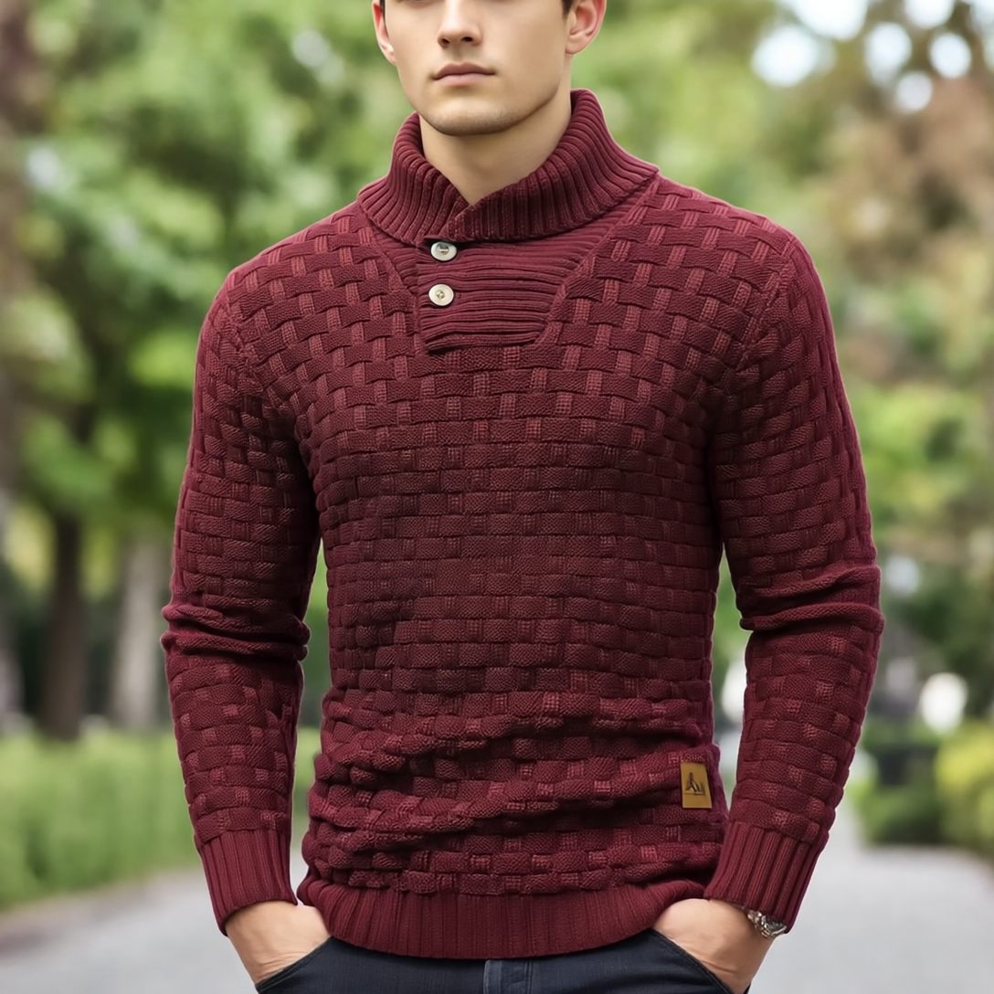Aaron Sweter Męski ze Stójką – Gruba Dzianina, Ciepły & Elegancki z Drewnianymi Guzikami