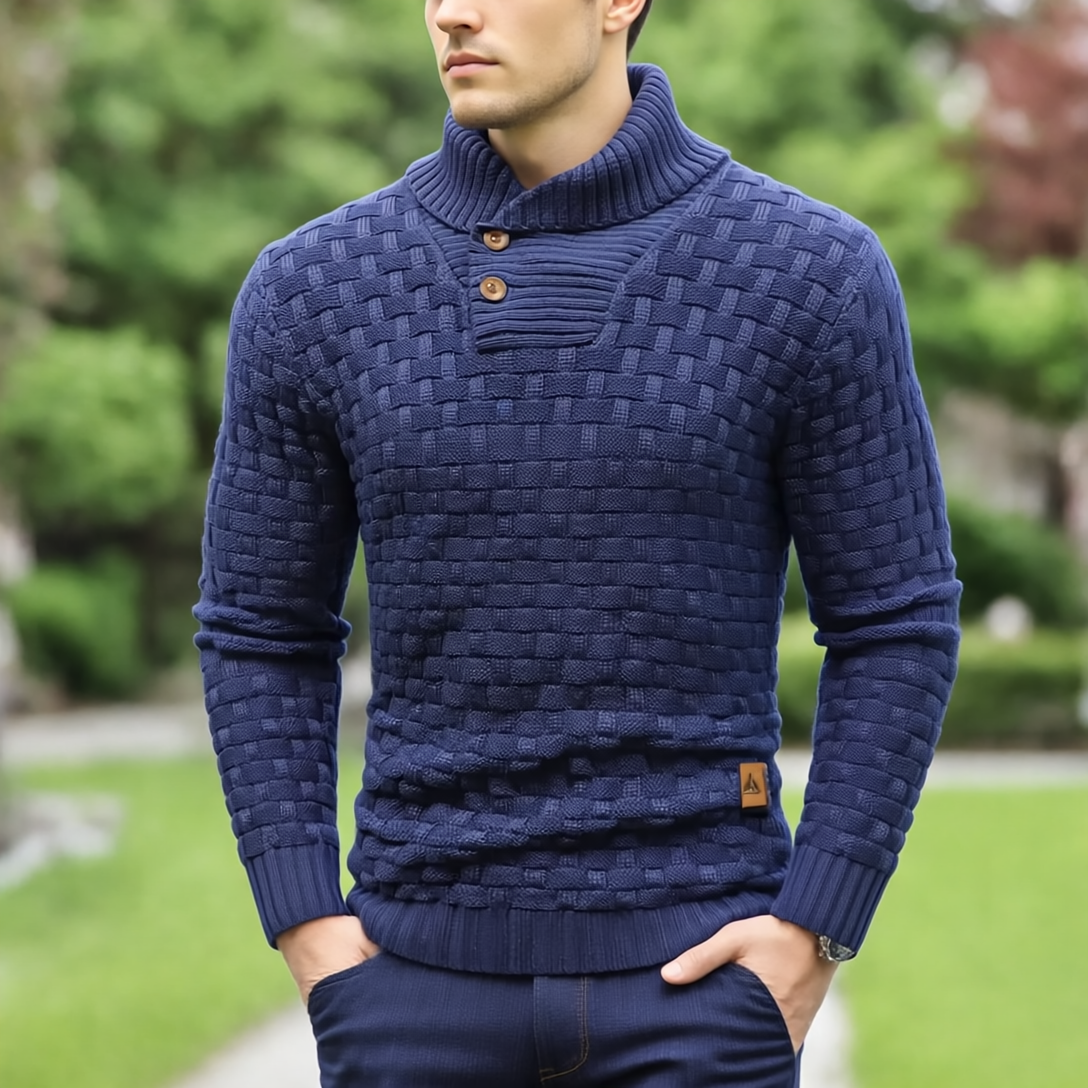 Aaron Sweter Męski ze Stójką – Gruba Dzianina, Ciepły & Elegancki z Drewnianymi Guzikami