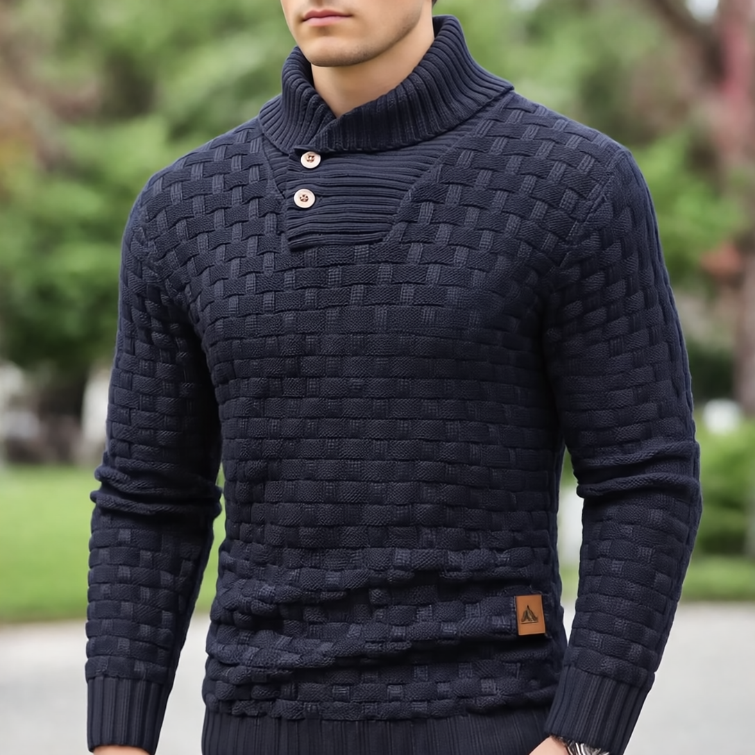 Aaron Sweter Męski ze Stójką – Gruba Dzianina, Ciepły & Elegancki z Drewnianymi Guzikami