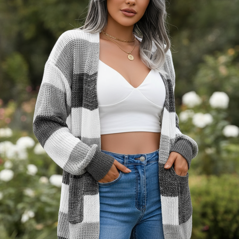 Alia Kardigan Damski – Elegancki Sweter w Kratę z Modnymi Rękawami w Stylu Latarenki