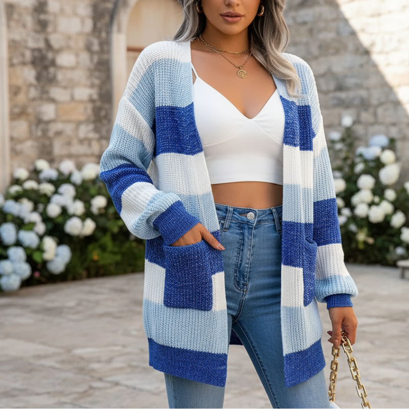 Alia Kardigan Damski – Elegancki Sweter w Kratę z Modnymi Rękawami w Stylu Latarenki