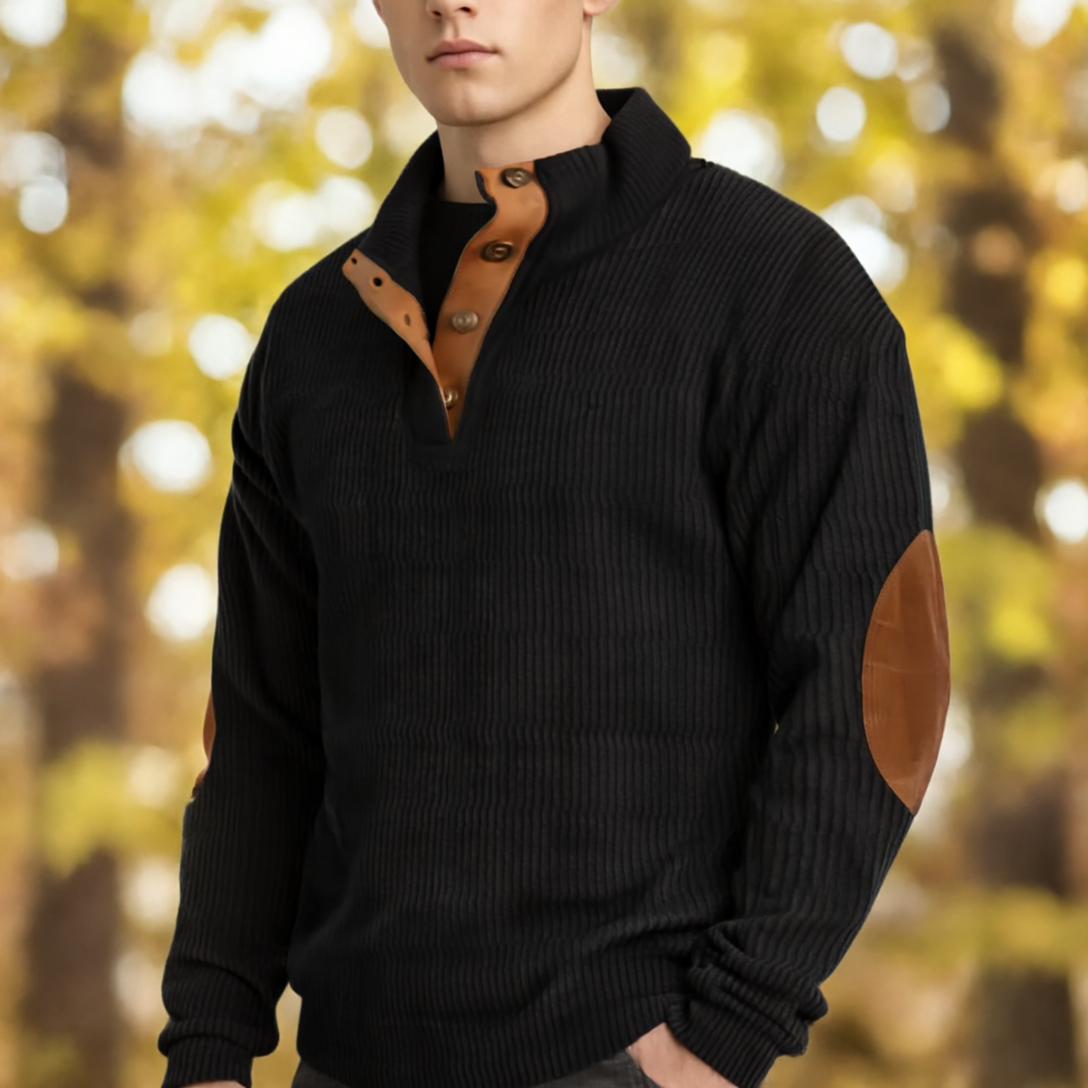 Tristan Sweter Męski – Casual Bluza z Miękkiej Tkaniny z Zamszowymi Łatami na Łokciach i Stójką