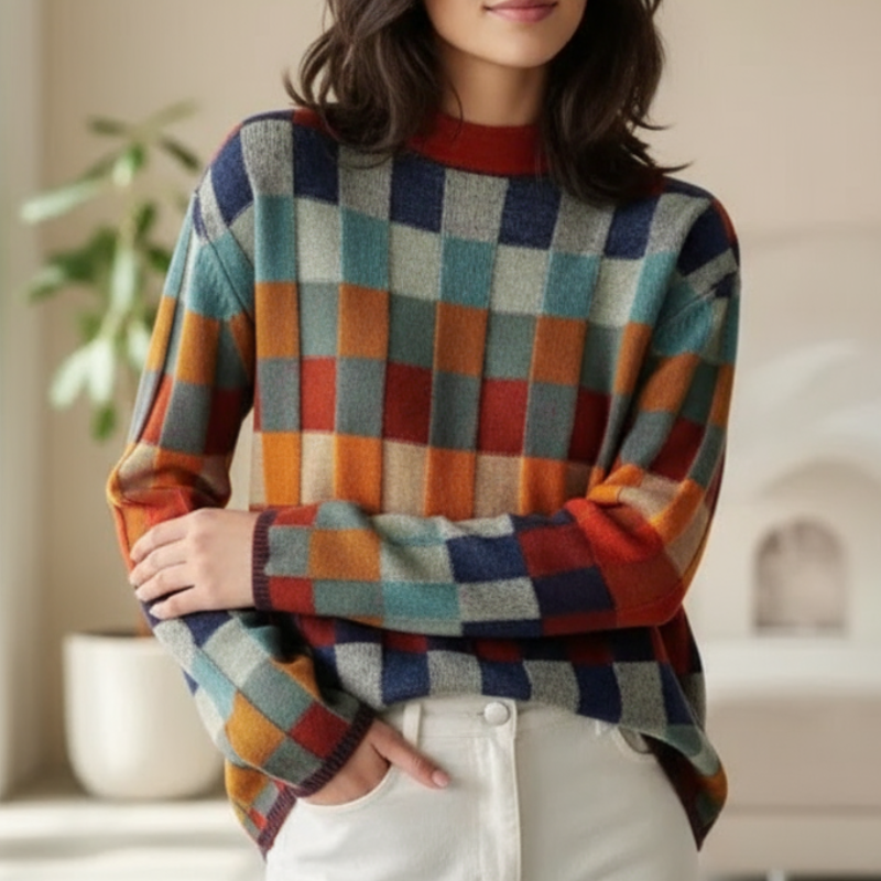 Nicole Luksusowy Sweter Damski – Elegancki Sweter w Kratę z Miękkiego i Wytwornego Kaszmiru