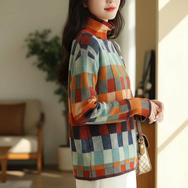 Nicole Luksusowy Sweter Damski – Elegancki Sweter w Kratę z Miękkiego i Wytwornego Kaszmiru