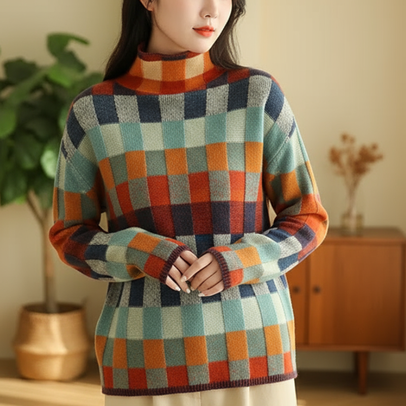 Nicole Luksusowy Sweter Damski – Elegancki Sweter w Kratę z Miękkiego i Wytwornego Kaszmiru