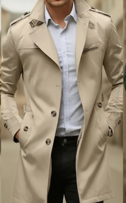 Rey Płaszcz Męski – Elegancki, Wodoodporny Trencz z Klasycznym Dwurzędowym Zapięciem