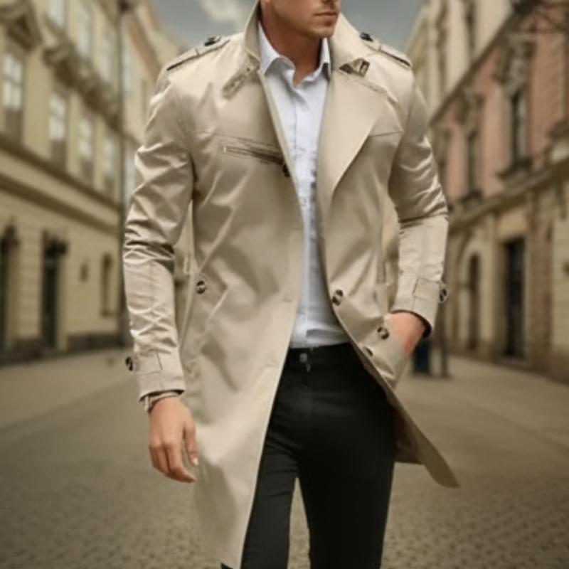 Rey Płaszcz Męski – Elegancki, Wodoodporny Trencz z Klasycznym Dwurzędowym Zapięciem