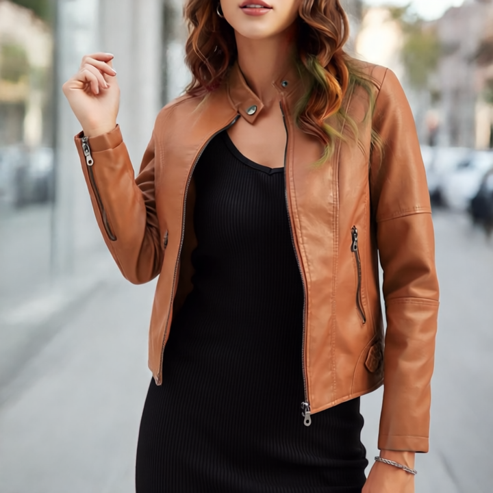 Diana Kurtka Skórzana Damska – Elegancki krój regularny z kieszeniami na zamek i zapięciem na suwak