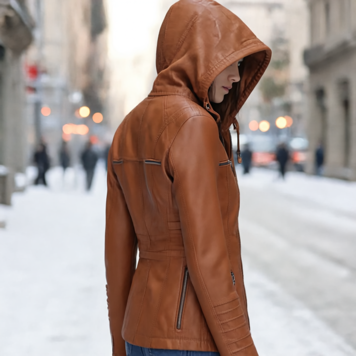 Xyla Kurtka Damska ze Skóry – Elegancka z kapturem, zapięciem na zamek i praktycznymi kieszeniami