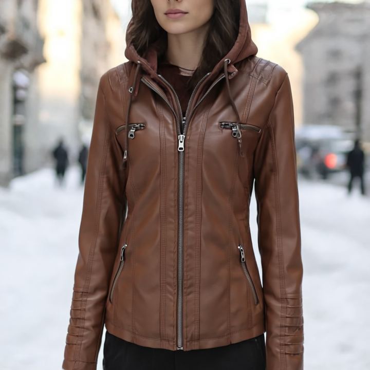 Xyla Kurtka Damska ze Skóry – Elegancka z kapturem, zapięciem na zamek i praktycznymi kieszeniami