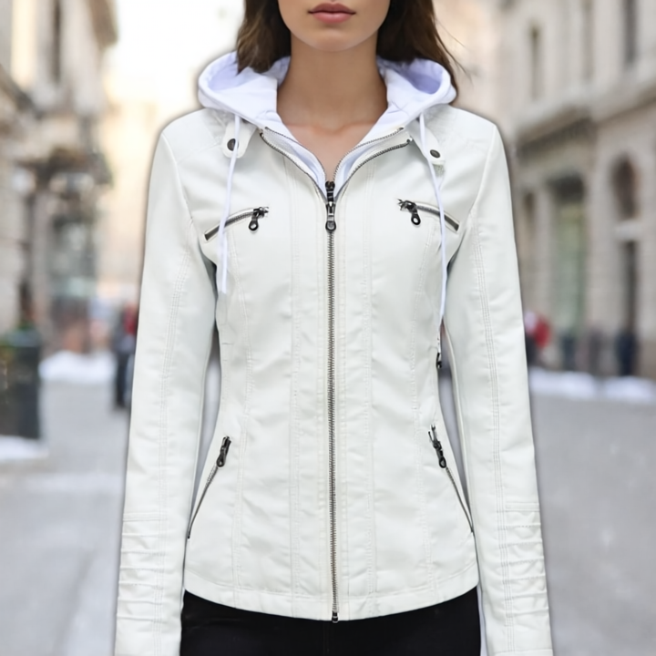 Xyla Kurtka Damska ze Skóry – Elegancka z kapturem, zapięciem na zamek i praktycznymi kieszeniami