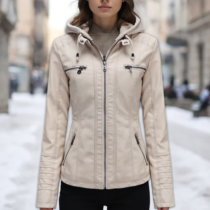 Xyla Kurtka Damska ze Skóry – Elegancka z kapturem, zapięciem na zamek i praktycznymi kieszeniami