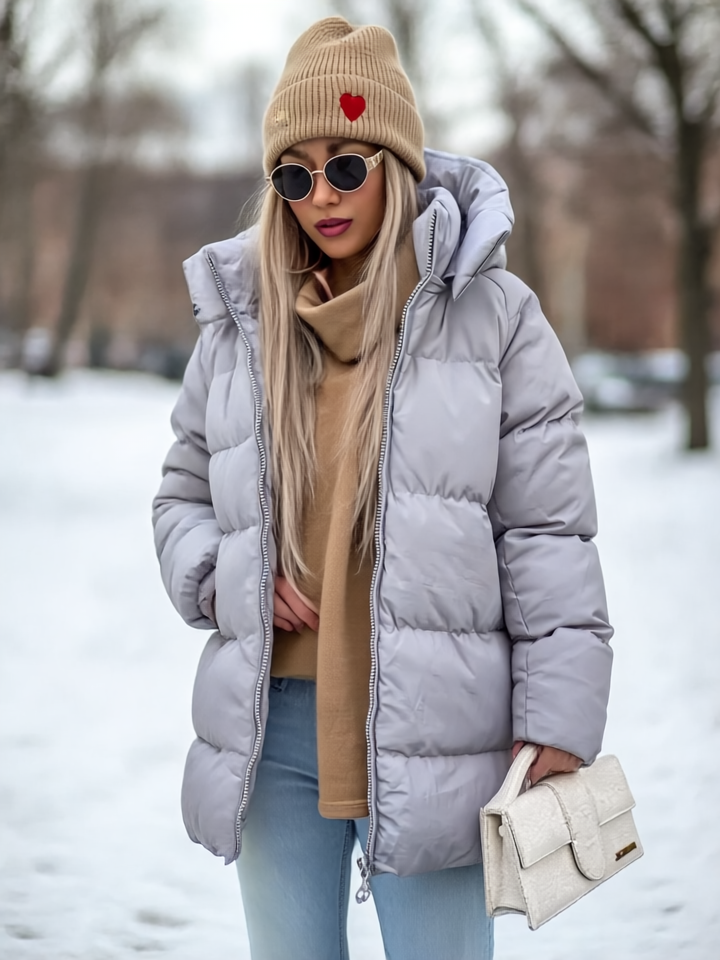 Sheila Płaszcz Zimowy Damski – Ciepły, gruby z zintegrowanym kapturem i zamkiem błyskawicznym
