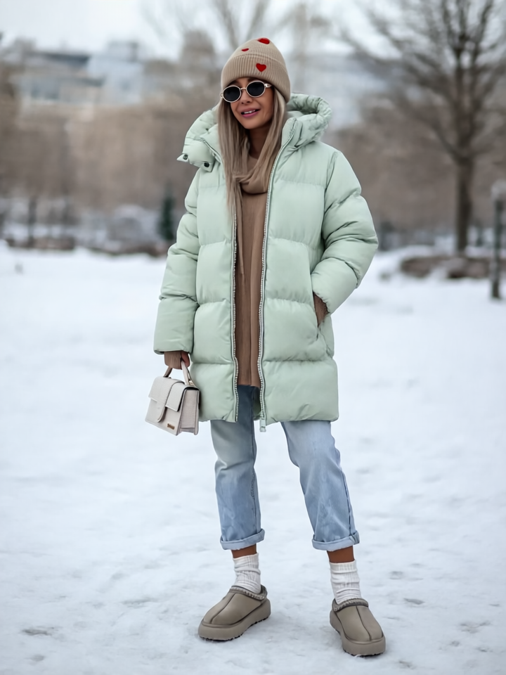 Sheila Płaszcz Zimowy Damski – Ciepły, gruby z zintegrowanym kapturem i zamkiem błyskawicznym