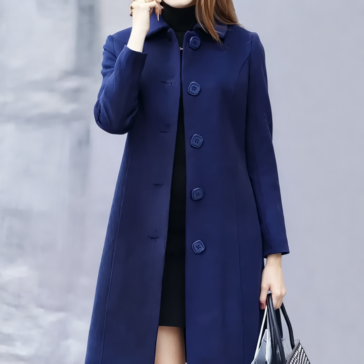 Analia Elegancki Płaszcz Damski – Klasyczny, Długi z Eleganckim Kołnierzem, Guzikami i Wygodnym Krojem