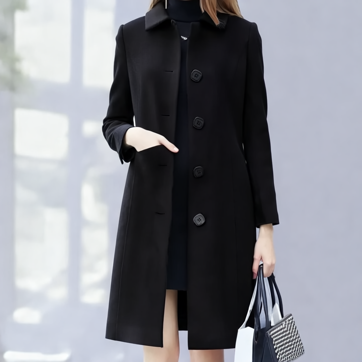 Analia Elegancki Płaszcz Damski – Klasyczny, Długi z Eleganckim Kołnierzem, Guzikami i Wygodnym Krojem