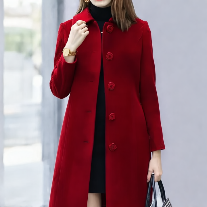 Analia Elegancki Płaszcz Damski – Klasyczny, Długi z Eleganckim Kołnierzem, Guzikami i Wygodnym Krojem