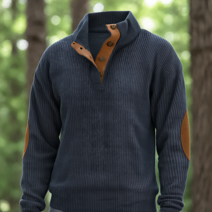 Tristan Sweter Męski – Casual Bluza z Miękkiej Tkaniny z Zamszowymi Łatami na Łokciach i Stójką