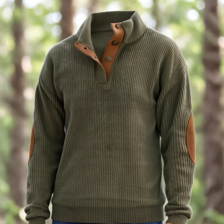 Tristan Sweter Męski – Casual Bluza z Miękkiej Tkaniny z Zamszowymi Łatami na Łokciach i Stójką