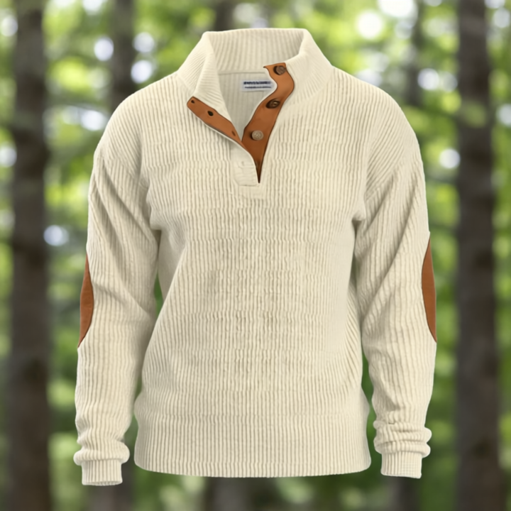 Tristan Sweter Męski – Casual Bluza z Miękkiej Tkaniny z Zamszowymi Łatami na Łokciach i Stójką