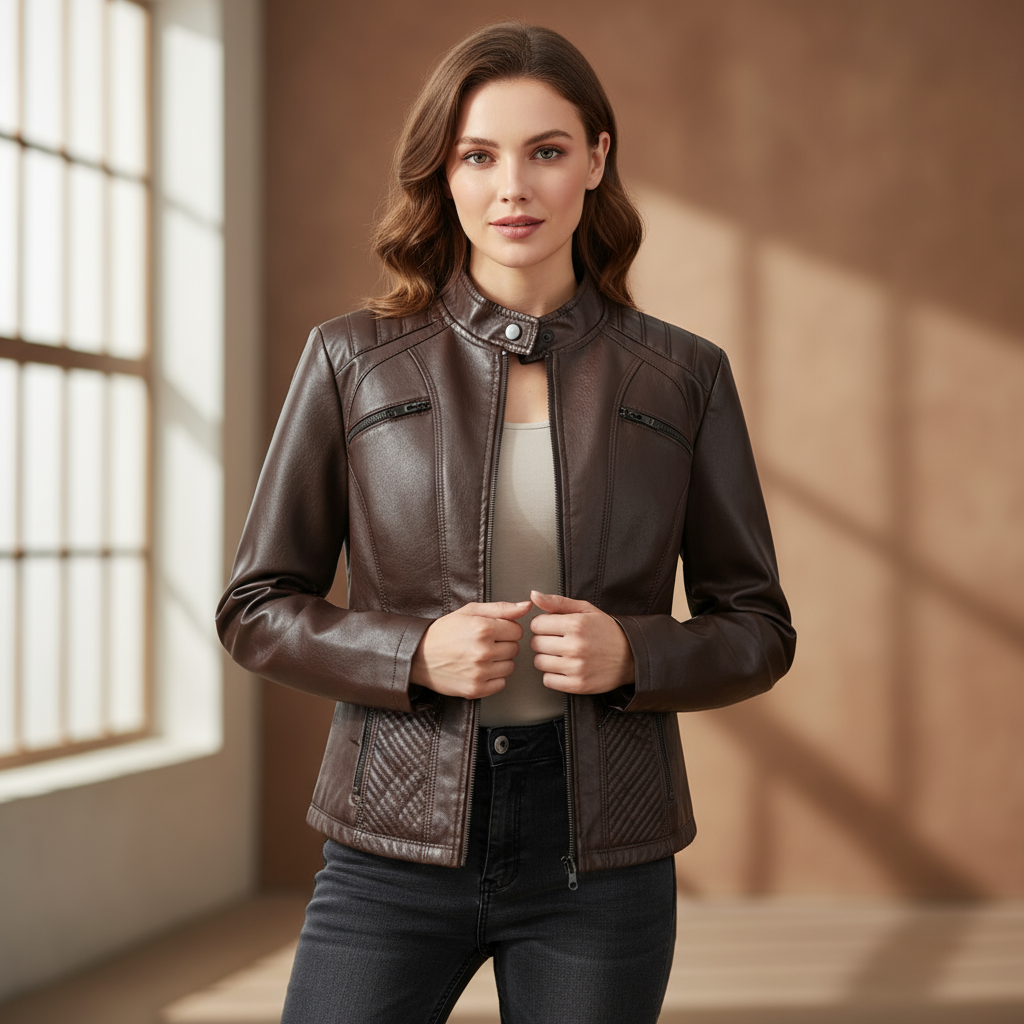 Andrijana Kurtka Damska – Elegancka Kurtka z Miękkiej Skóry z Asymetrycznym Zamkiem