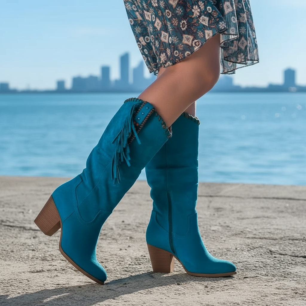 Nathalie Kozaki Damskie – Skórzane Kowbojki z Frędzlami i Grubym Obcasem