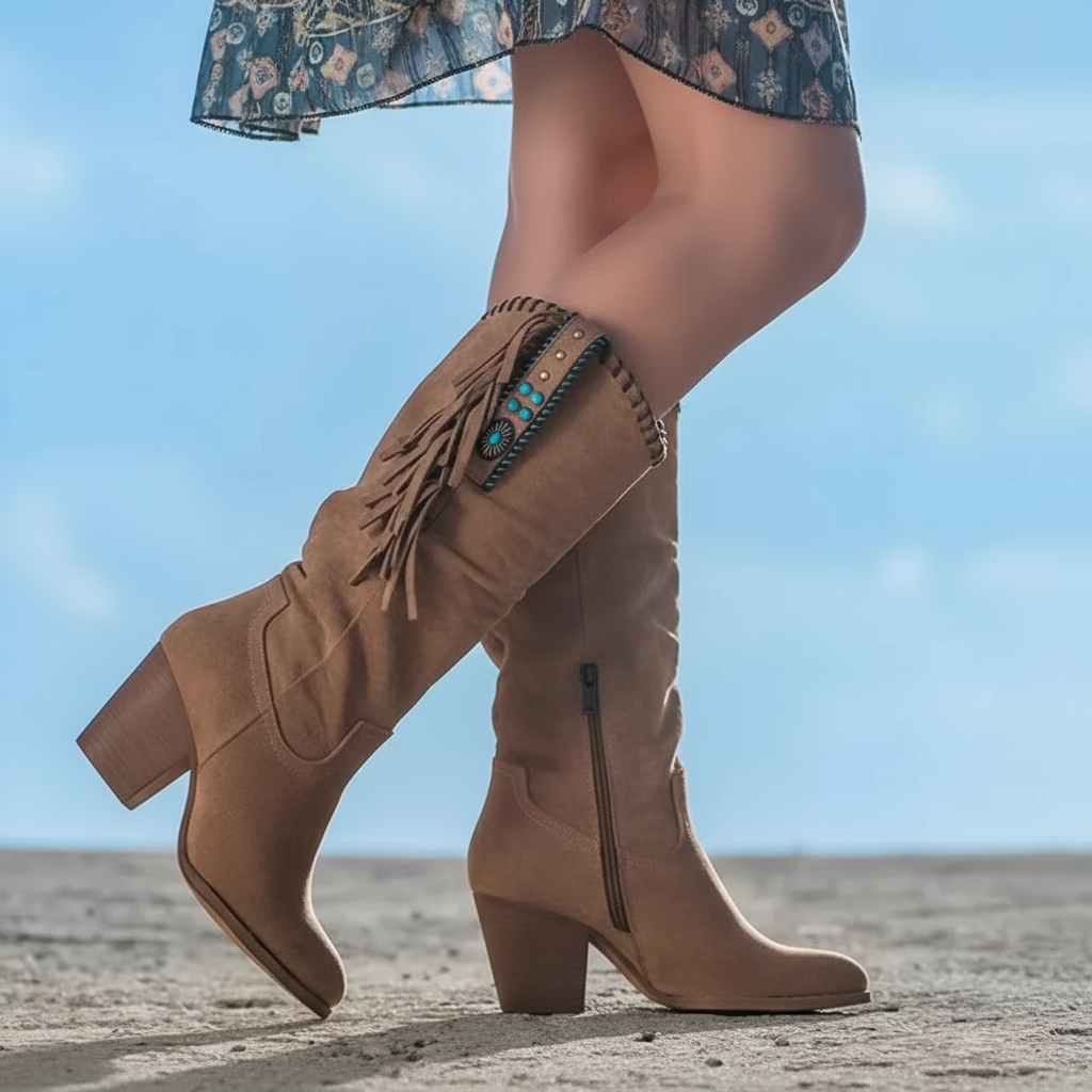 Nathalie Kozaki Damskie – Skórzane Kowbojki z Frędzlami i Grubym Obcasem