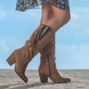 Nathalie Kozaki Damskie – Skórzane Kowbojki z Frędzlami i Grubym Obcasem