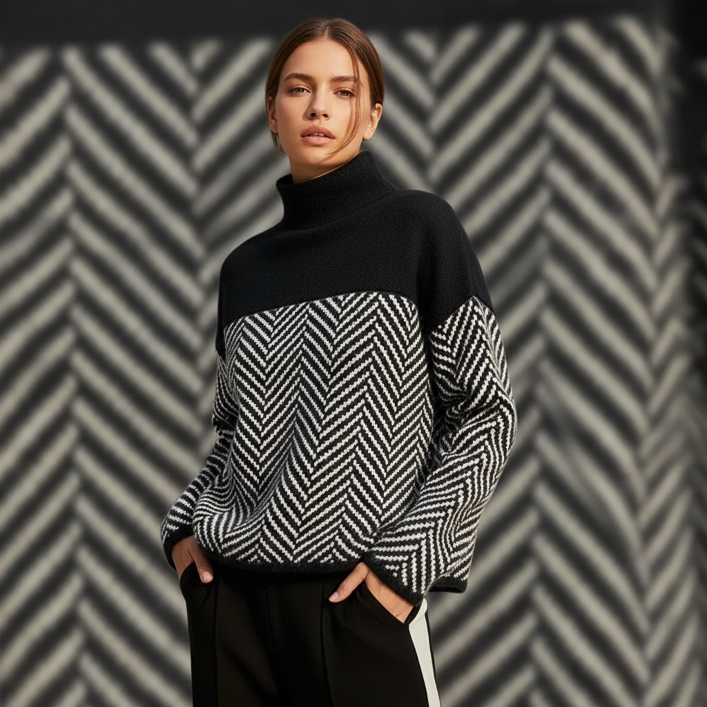 Stella Sweter Damski z Golfem – Ciepły, Elegancki Sweter z Wzorem Chevron, Wygodny na Zimę