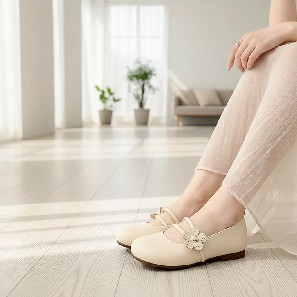 Clara Baleriny Damskie – Eleganckie Buty z Delikatnym Kwiatem i Wygodnym Podwójnym Paskiem