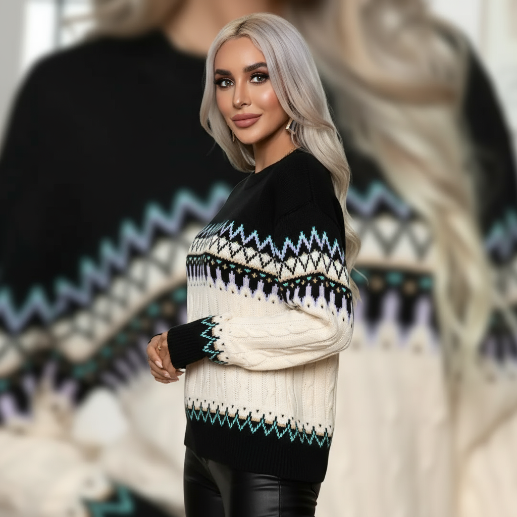 Samira Sweter Damski – Elegancki Norweski Sweter z Ciepłej Dzianiny z Geometrycznymi Wzorami