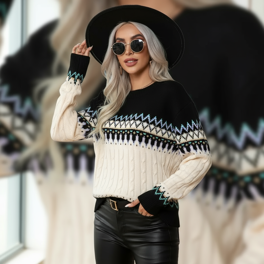 Samira Sweter Damski – Elegancki Norweski Sweter z Ciepłej Dzianiny z Geometrycznymi Wzorami